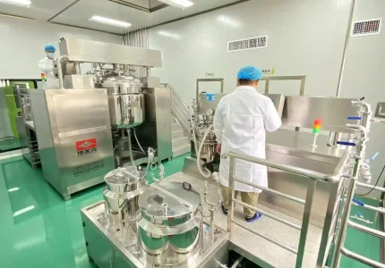 Workers in protective gear operating a large-scale industrial emulsification and mixing station in a cleanroom.
