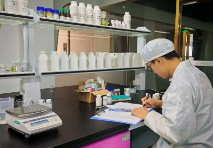 A scientist in a lab coat and hairnet recording finished product inspection data on a clipboard at a laboratory desk.