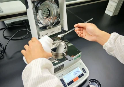The repetitive action of sampling a powder formula for moisture testing, highlighting detailed precision.