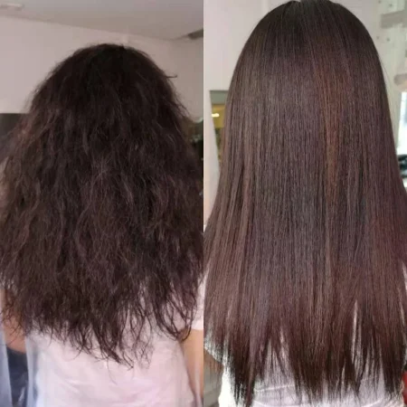 Before and after hair transformation: left shows frizzy, curly dark brown hair; right shows smooth, straight, glossy brown hair.