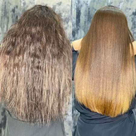 Before-and-after hair transformation: frizzy dark brown hair on left, sleek straightened lighter brown hair with golden ends on right.