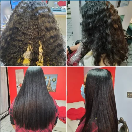 Collage showing a hair transformation: top row with curly frizzy brown hair before treatment; bottom row with long straight glossy black hair after treatment against a red wall.
