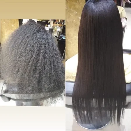Split image showing hair transformation: frizzy, curly natural hair on the left and long, sleek straight hair on the right.