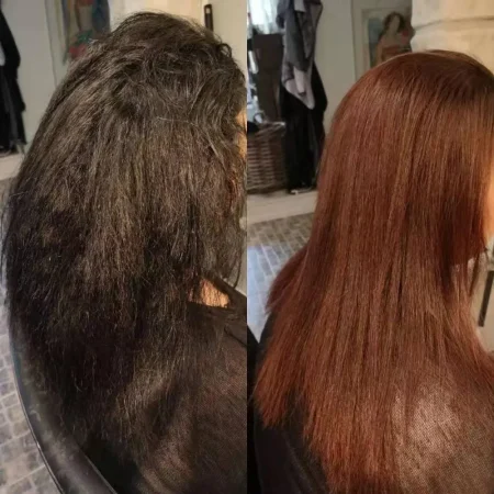 Side-by-side comparison of a woman's hair: left image shows frizzy black hair, right image shows smooth, straight copper-red hair after styling.