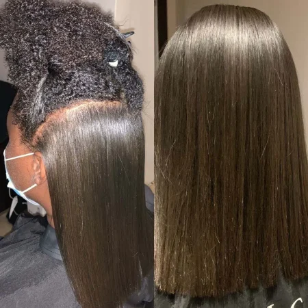 Side-by-side transformation: left shows natural curly hair, right shows sleek, straight brown hair reaching the shoulders.