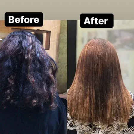 Side-by-side comparison: left shows frizzy dark blue-purple hair labeled 'Before'; right shows smooth straight light brown hair labeled 'After' as a hair transformation.