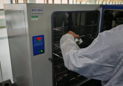 A person placing glass sample jars into a professional forced-air drying oven for temperature testing.