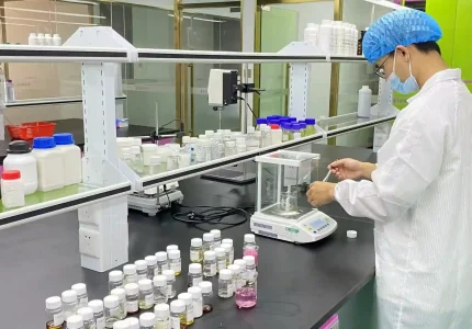 Scientist in a lab coat weighing samples and organizing small chemical vials on a workbench.