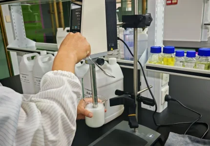 A digital viscometer and laboratory scale set up on a clean workbench for product consistency testing.