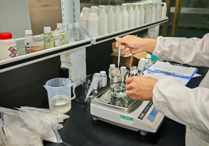 A technician using a pipette to precisely add liquid reagents into a beaker on a digital analytical scale.