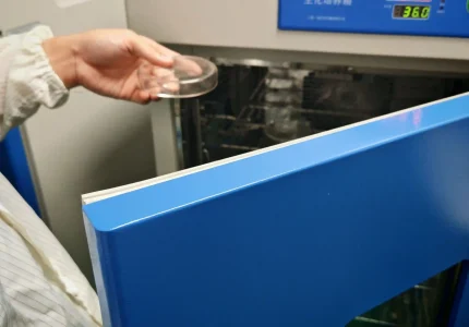 A scientist placing a Petri dish into a blue microbial incubator for microbiological culture testing.