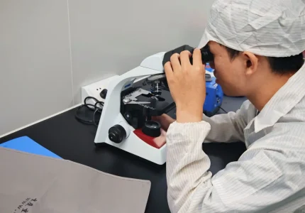 A researcher using a binocular compound microscope for microbiological testing and sample analysis in a lab.