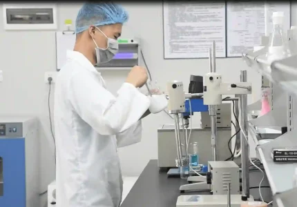 A laboratory technician in protective gear performing physicochemical stability tests on a white cream product.